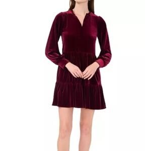 1. State Dress Womens Size L Velvet Burgundy Long Sleeve‎ Tiered Mini Holiday